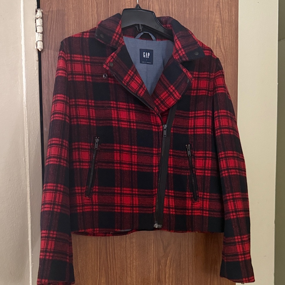 GAP Women's Red and Black Checkered Bomber Jacket